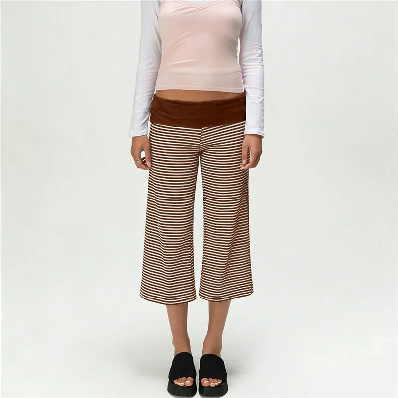 Brown-and-white striped Uptown Wide-Leg Gauchos with solid brown fold-over waistband, front view