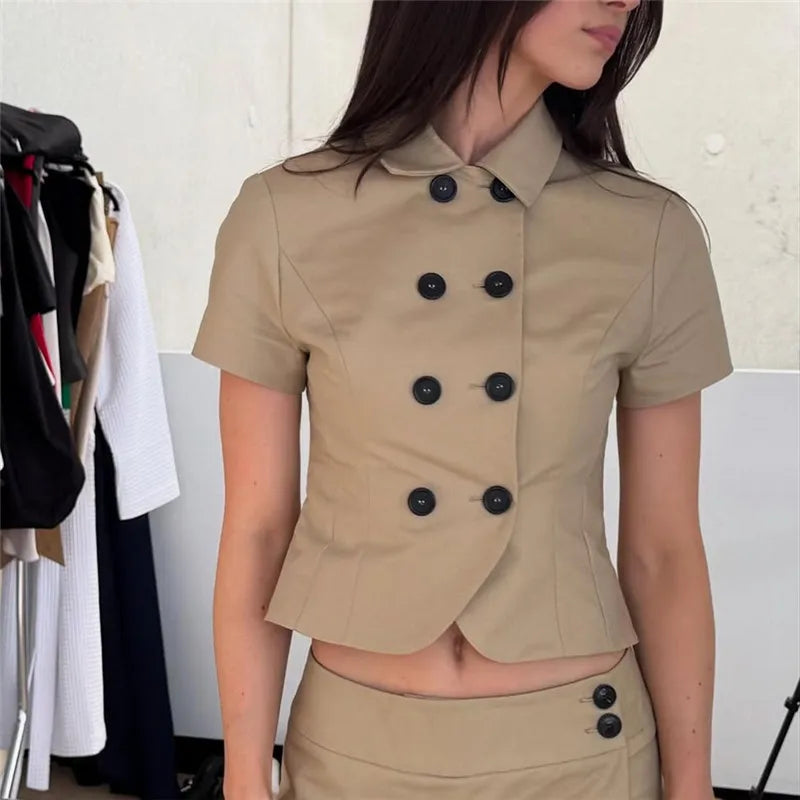 Khaki short-sleeve collared double-breasted crop top front view