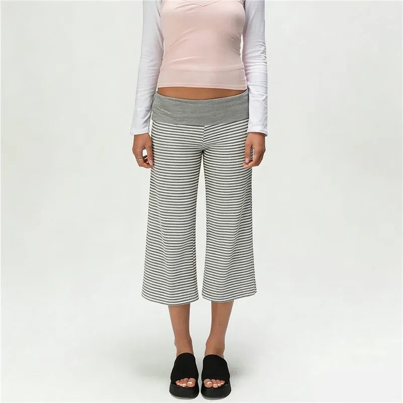 Gray-and-white striped Uptown Wide-Leg Gauchos with solid gray fold-over waistband, front view