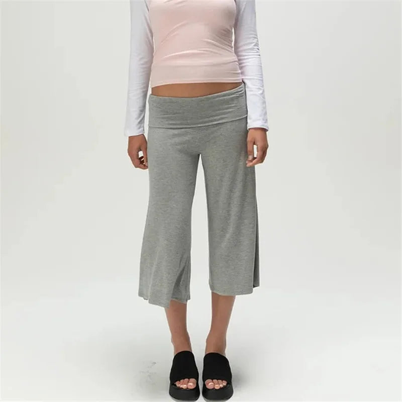 Solid heather-gray Uptown Wide-Leg Gauchos with wide plain fold-over waistband, front view