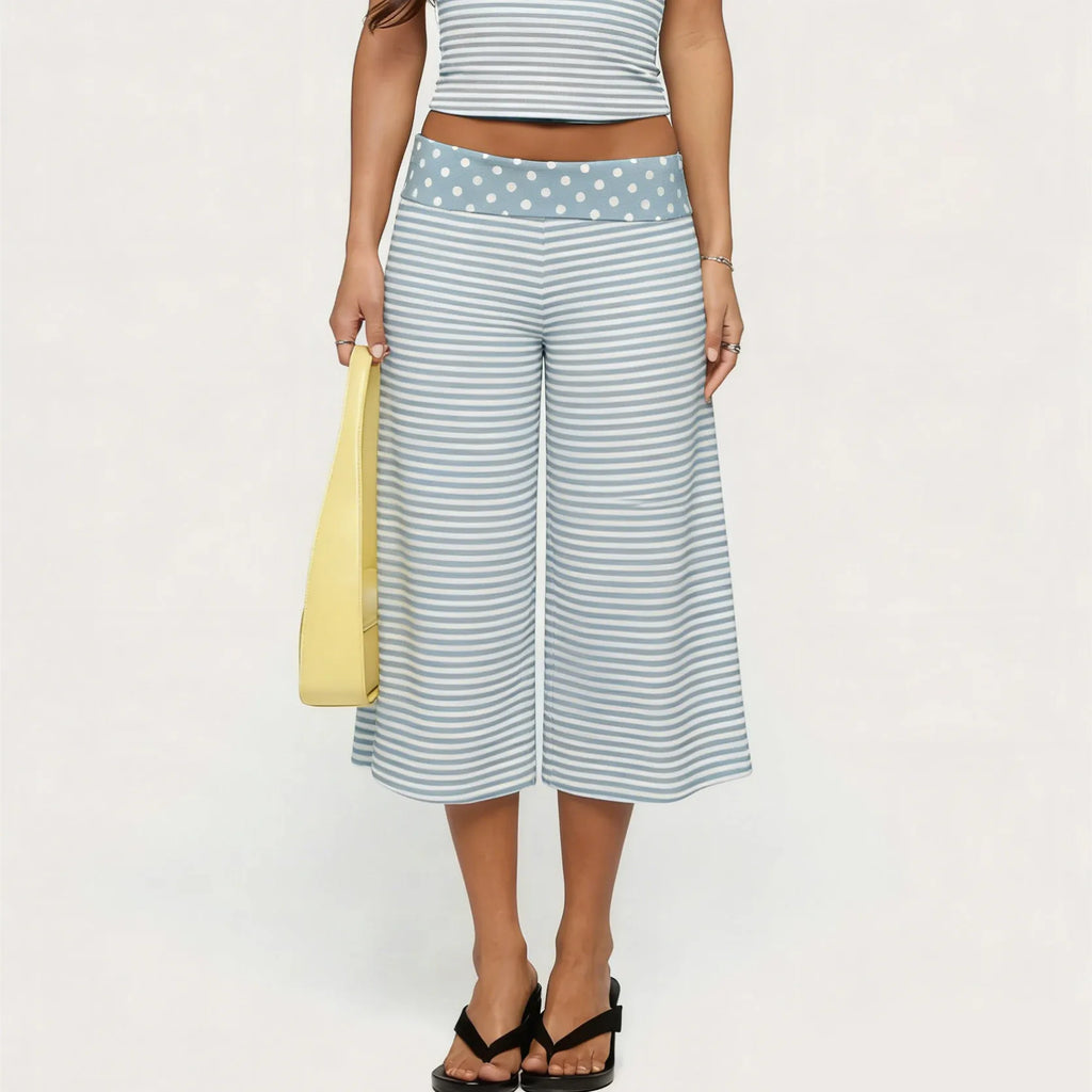 Gray-and-white striped Uptown Wide-Leg Gauchos with gray polka-dot fold-over waistband, front view