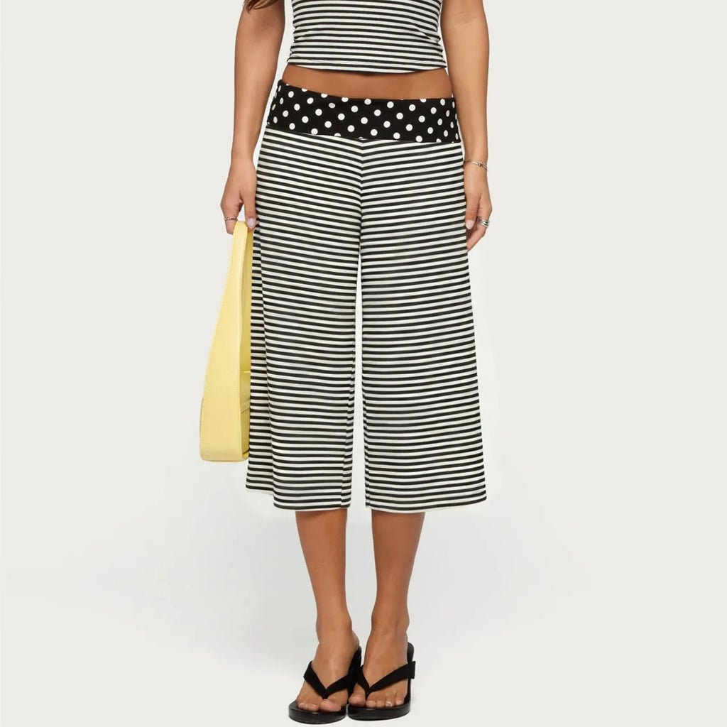 Black-and-white striped Uptown Wide-Leg Gauchos with black polka-dot fold-over waistband, front view