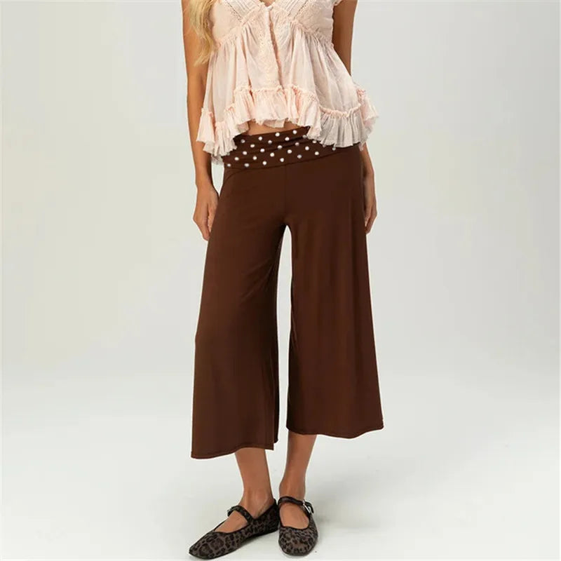 Chocolate-brown Uptown Wide-Leg Gauchos with brown polka-dot fold-over waistband, front view