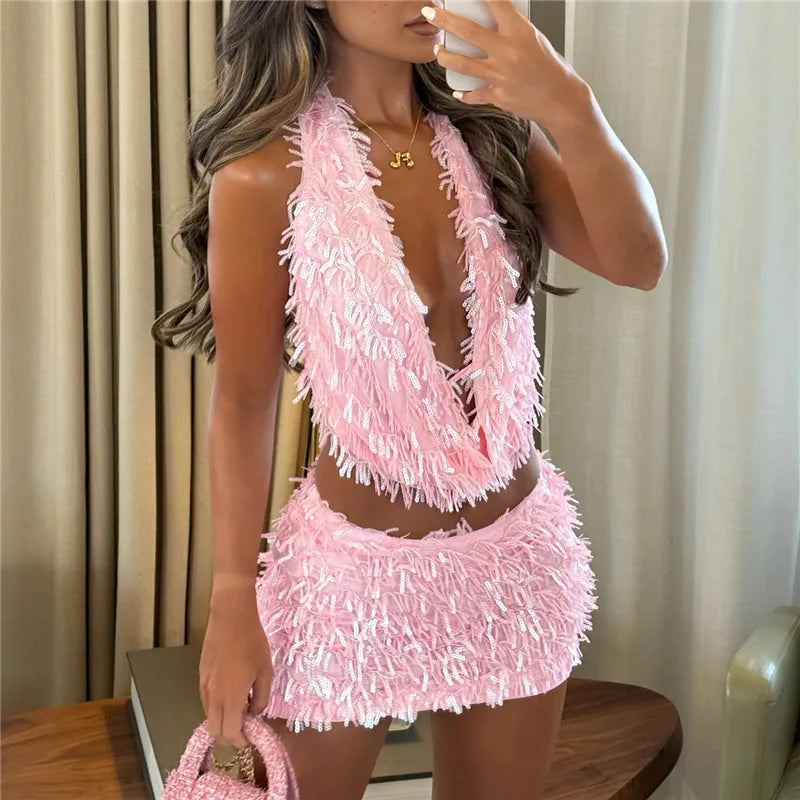 Y2K Tassel Sequin Halter Skirt Set