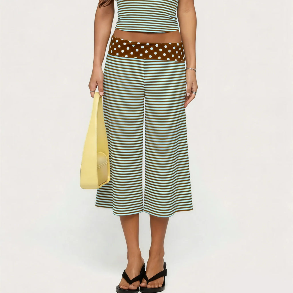 Multi-stripe Uptown Wide-Leg Gauchos with brown polka-dot fold-over waistband, front view