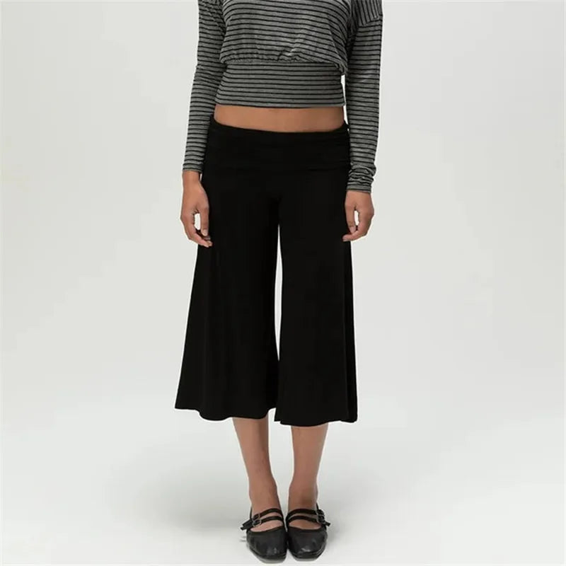 Solid black Uptown Wide-Leg Gauchos with wide plain fold-over waistband, front view