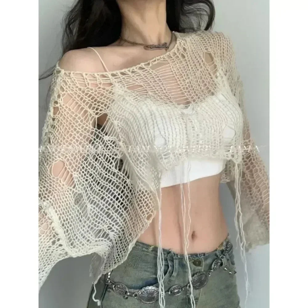 Cherry Kiss Lace-Trim Cropped Sweatshirt - grunge hollow-out knit crop sweater