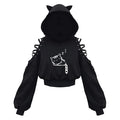 Baddie Energy Cut-Out Side Lace Hoodie - cat-ear hood, hollow-out lace-up crop hoodie