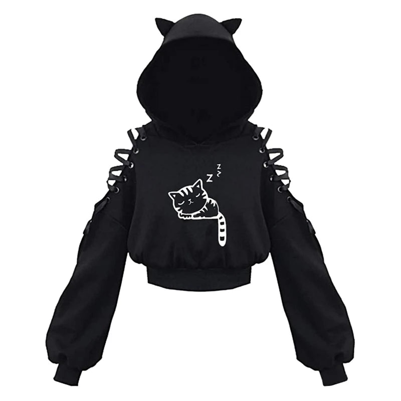 Baddie Energy Cut-Out Side Lace Hoodie - cat-ear hood, hollow-out lace-up crop hoodie