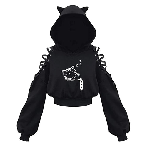 Baddie Energy Cut-Out Side Lace Hoodie - cat-ear hood, hollow-out lace-up crop hoodie