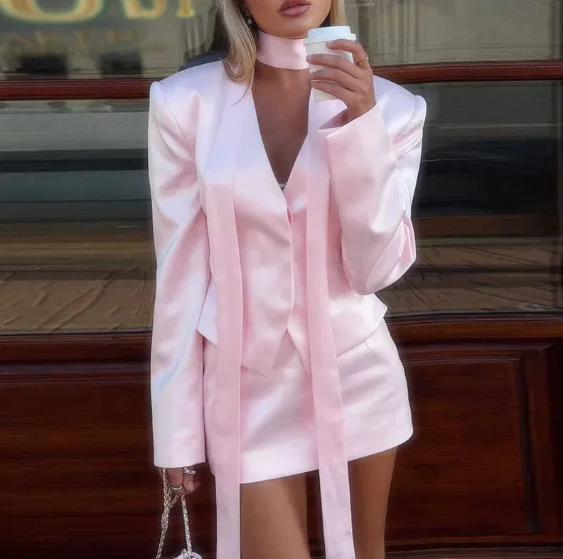 After Hours Satin Blazer Skirt Set
