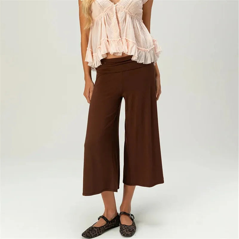 Solid chocolate-brown Uptown Wide-Leg Gauchos with wide plain fold-over waistband, front view
