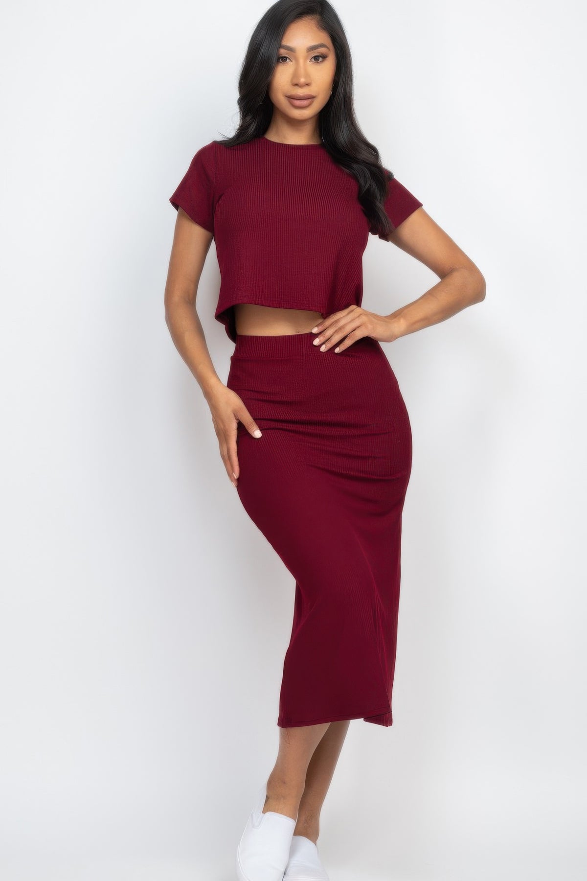 Adult model wearing Burgundy Soft Focus Ribbed Midi Set