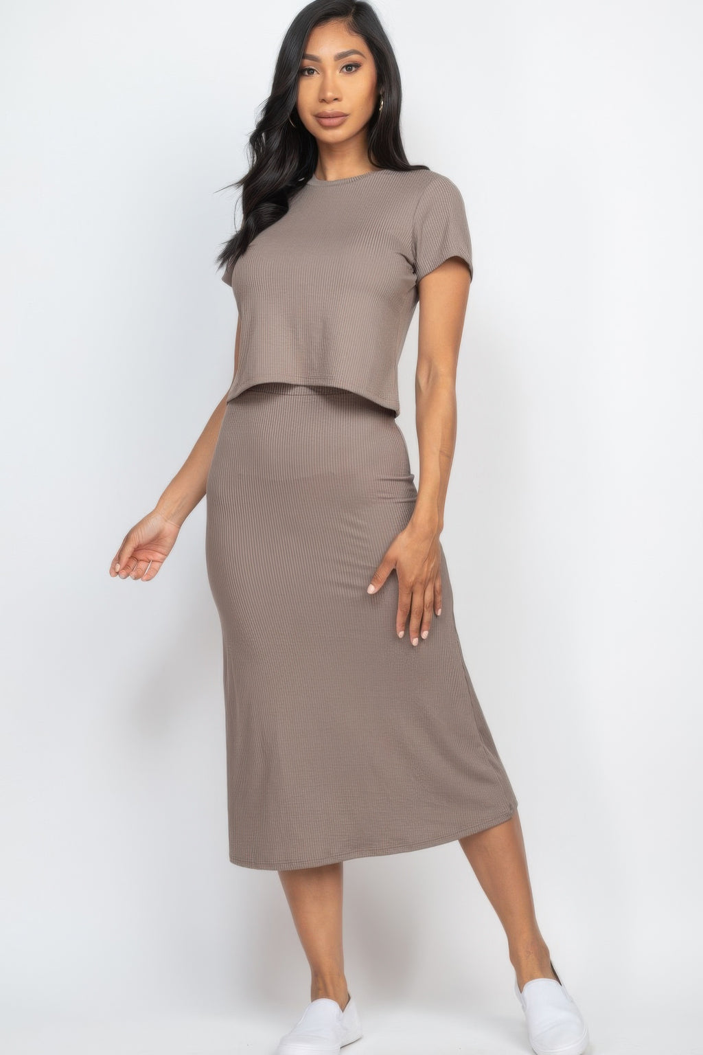 Adult model wearing Taupe Soft Focus Ribbed Midi Set