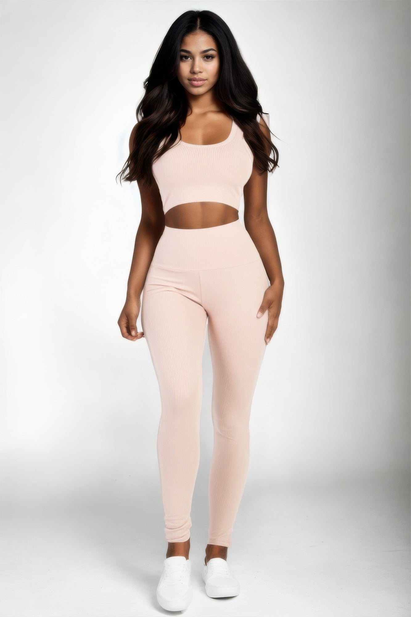 Blush Ribbed Crop Top & Leggings Set full-length front view