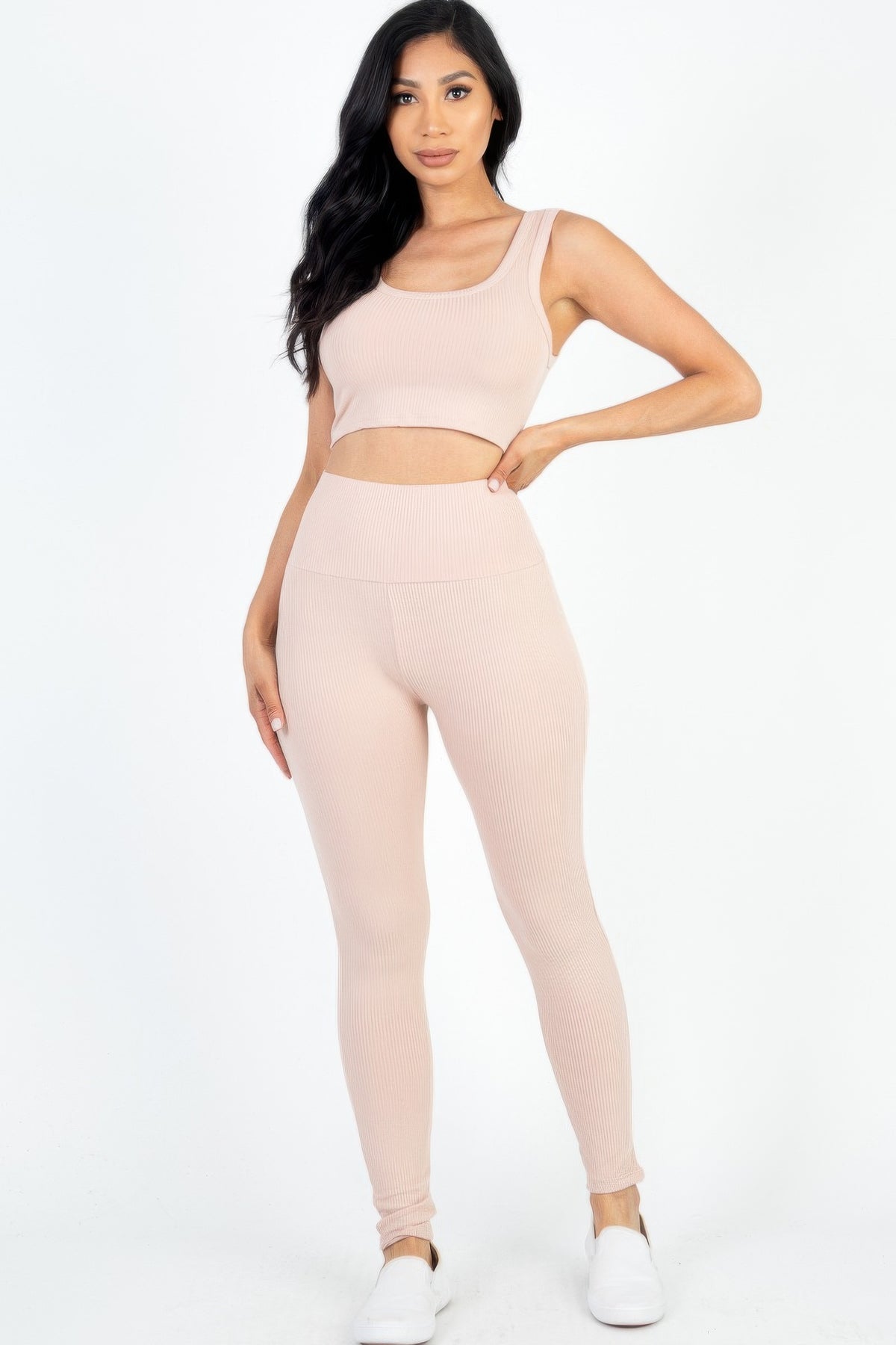 Blush ribbed scoop-neck crop top and high-waist leggings front view