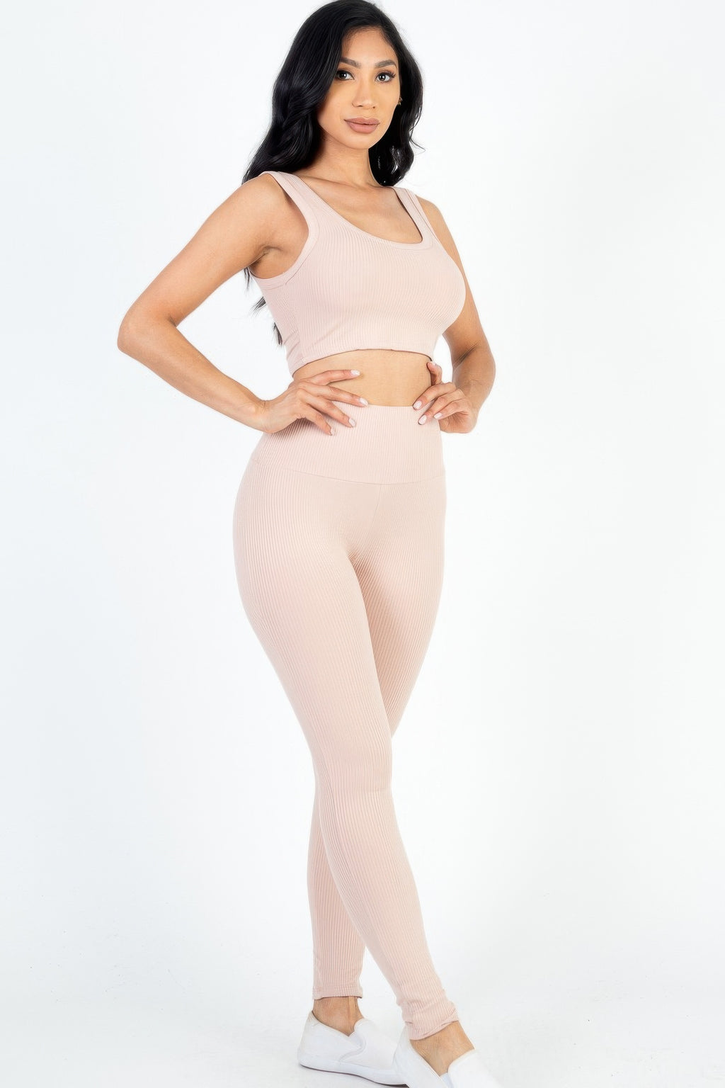 Blush Ribbed Crop Top & Leggings Set front three-quarter view