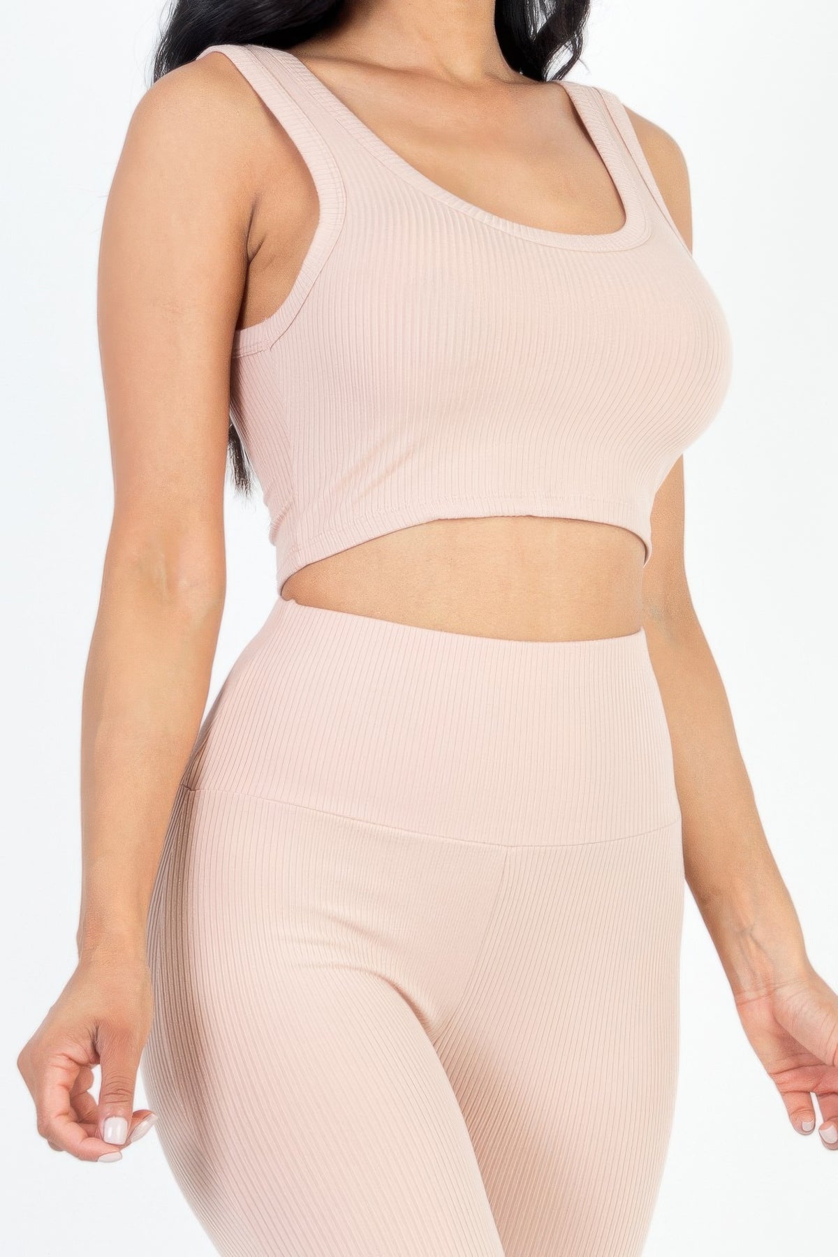 Close-up of Blush crop top scoop neckline, rib texture, and wide leggings waistband
