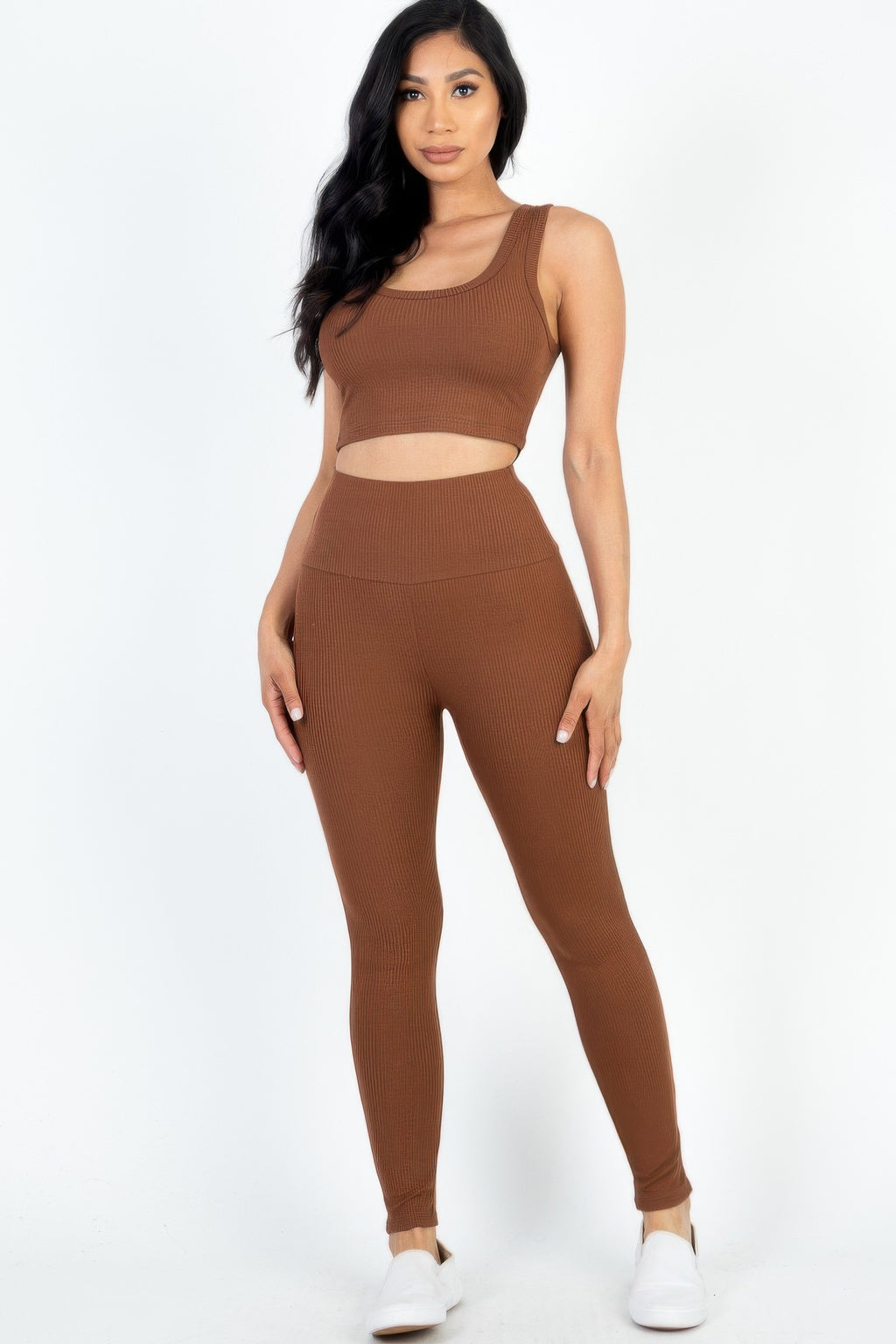Downtown Brown Ribbed Crop Top & Leggings Set front view