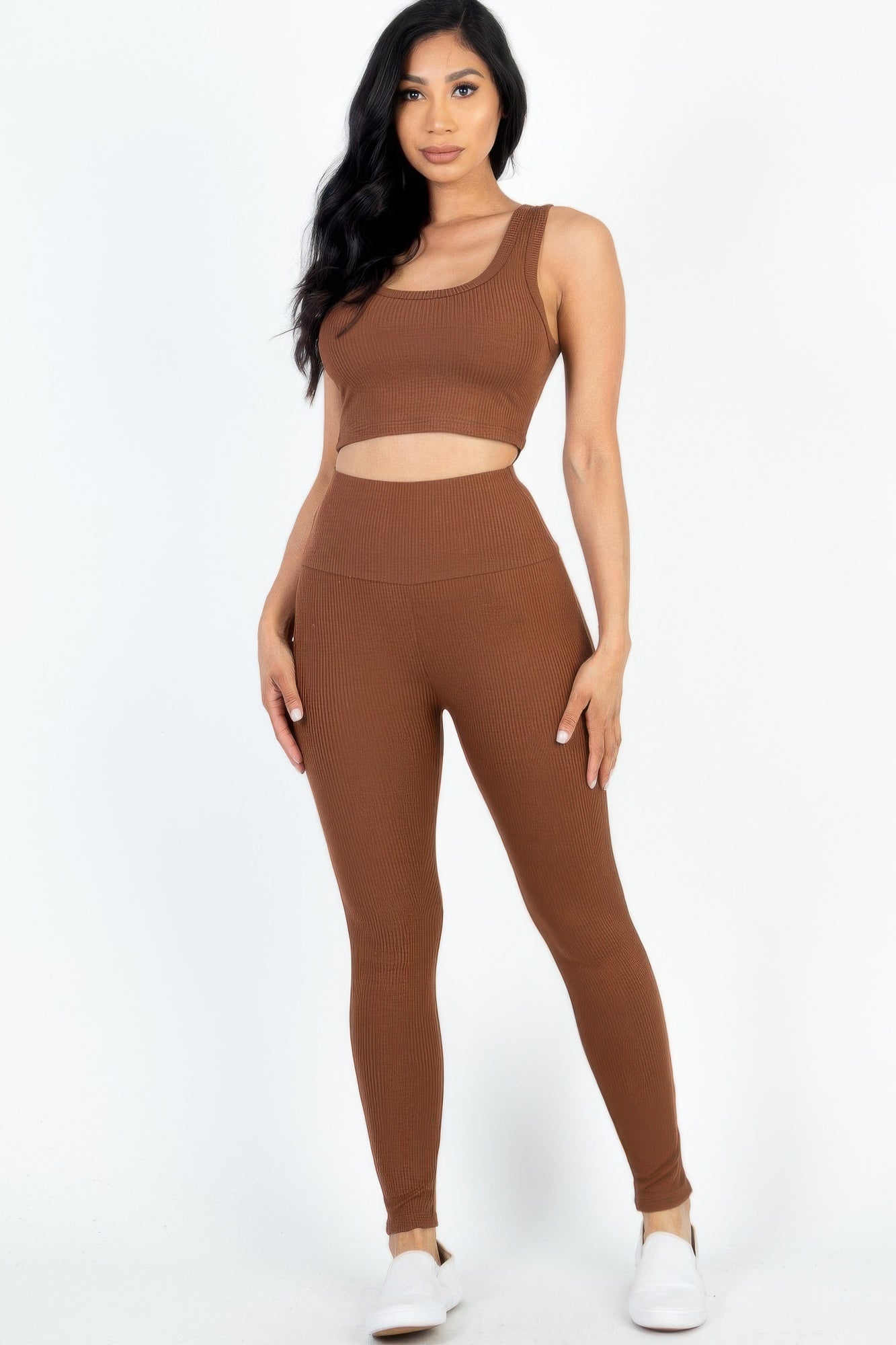 Downtown Brown Ribbed Crop Top & Leggings Set front view