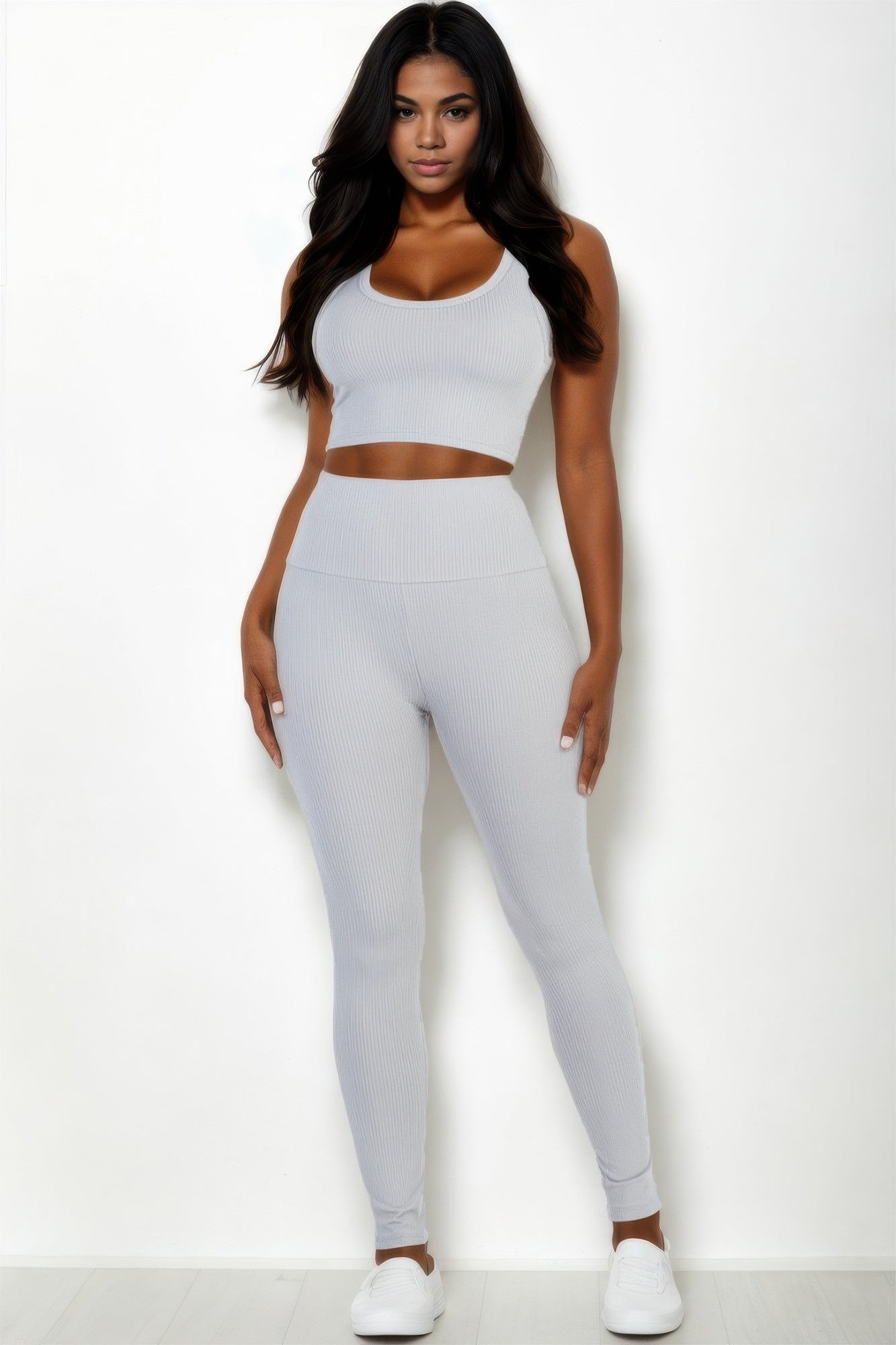 Grey Ribbed Crop Top & Leggings Set full-length front view