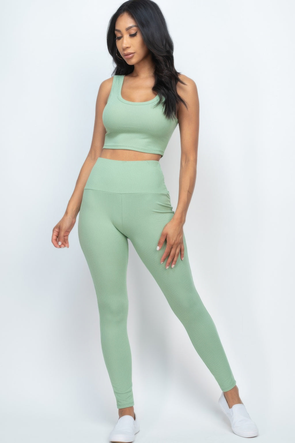Green Bay Ribbed Crop Top & Leggings Set front view