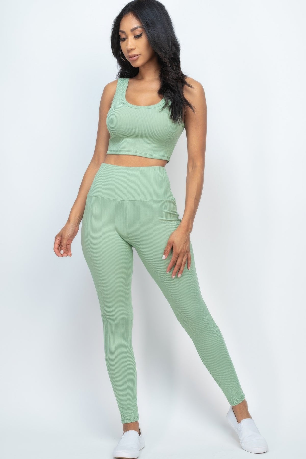 Green Bay Ribbed Crop Top & Leggings Set front view