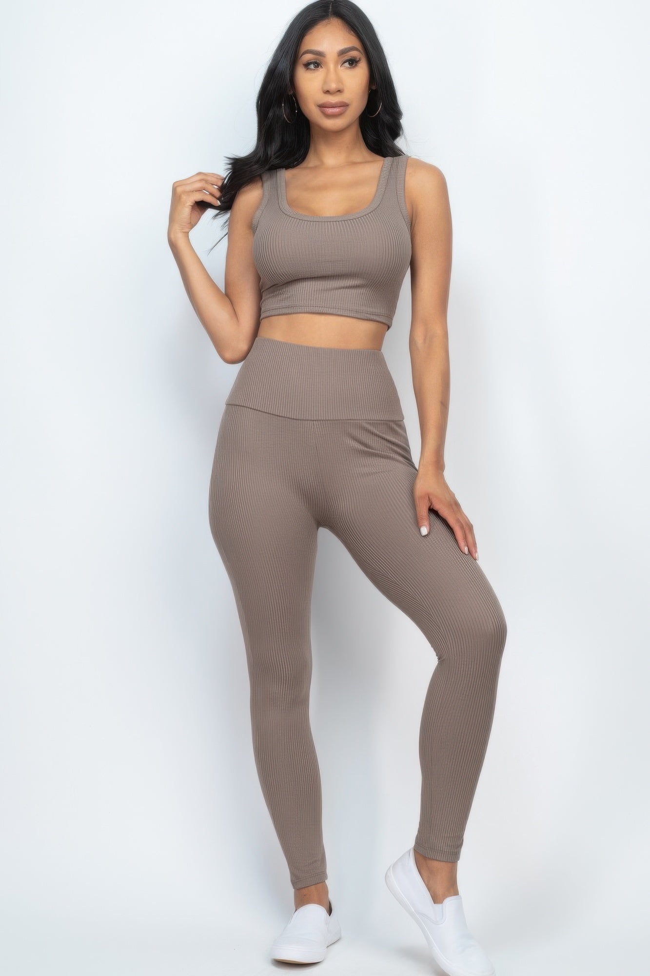 Taupe Ribbed Crop Top & Leggings Set front view