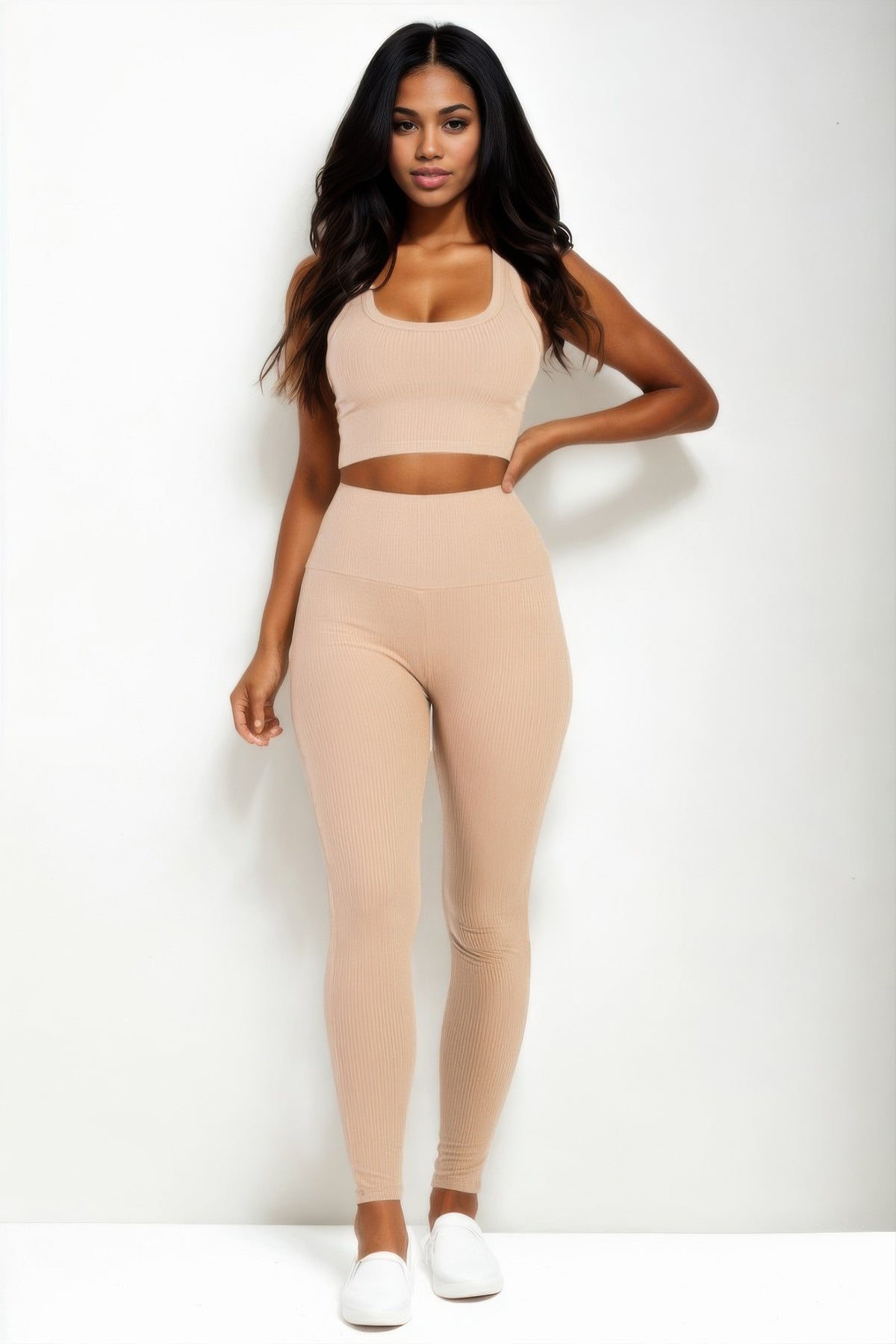 Latte Ribbed Crop Top & Leggings Set front view