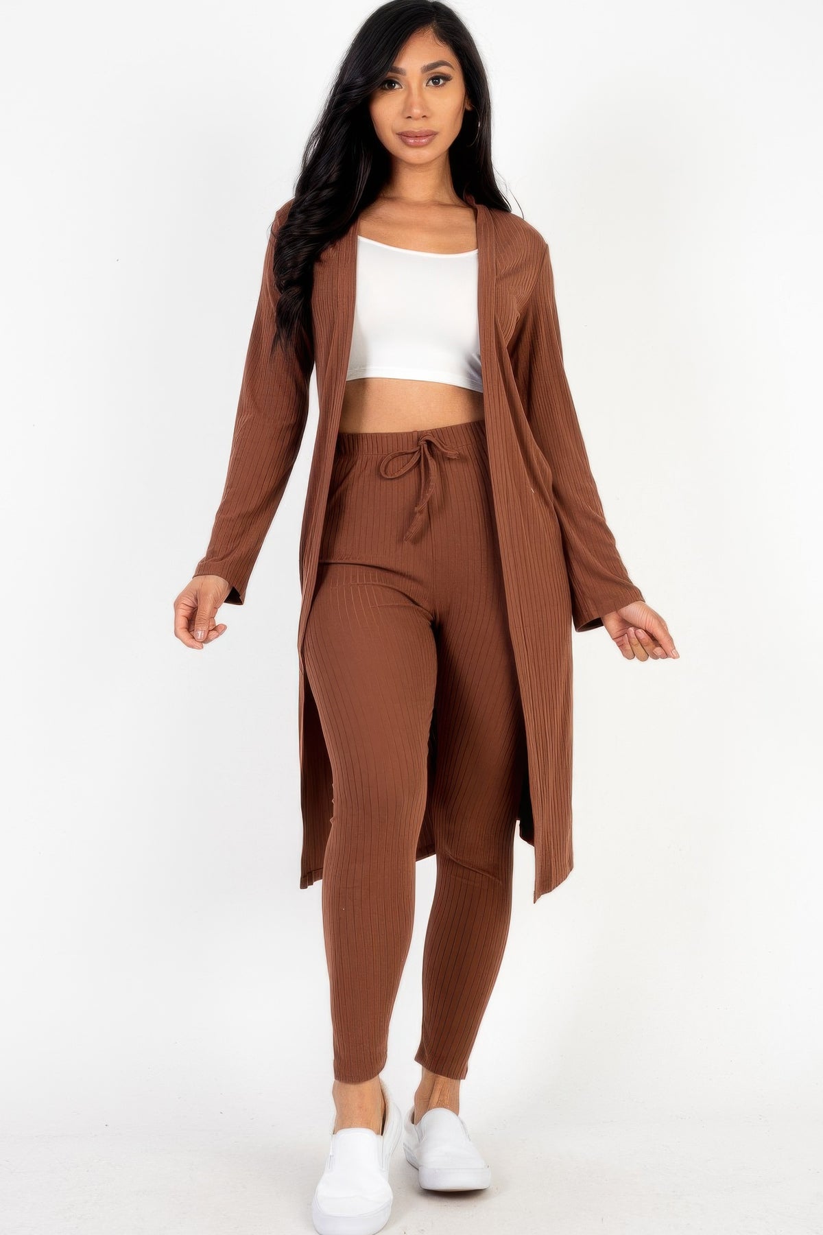Coffee brown Ribbed Long Cardigan & Leggings Set front view with open duster cardigan and drawstring leggings