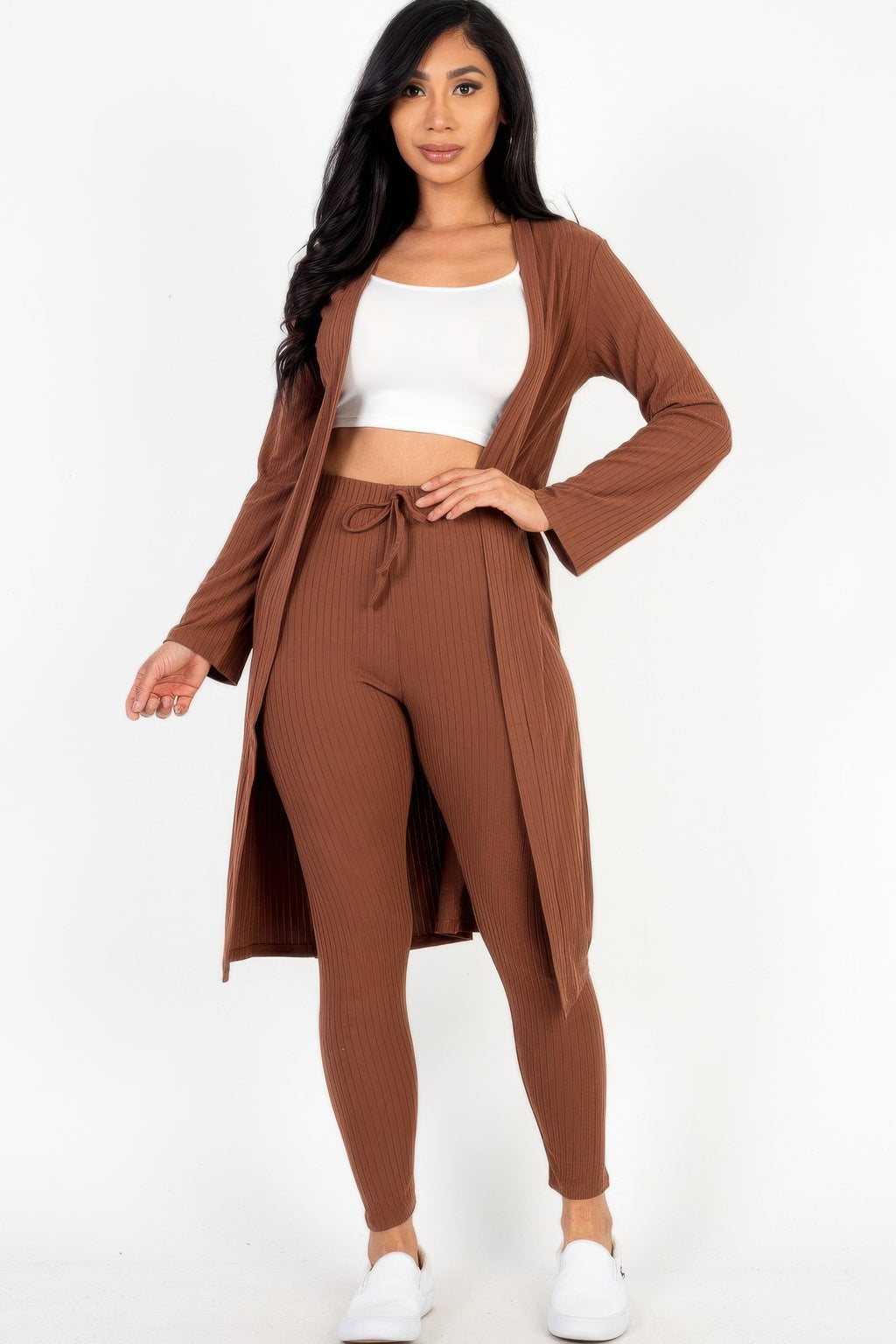 Coffee brown Ribbed Long Cardigan & Leggings Set alternate front view