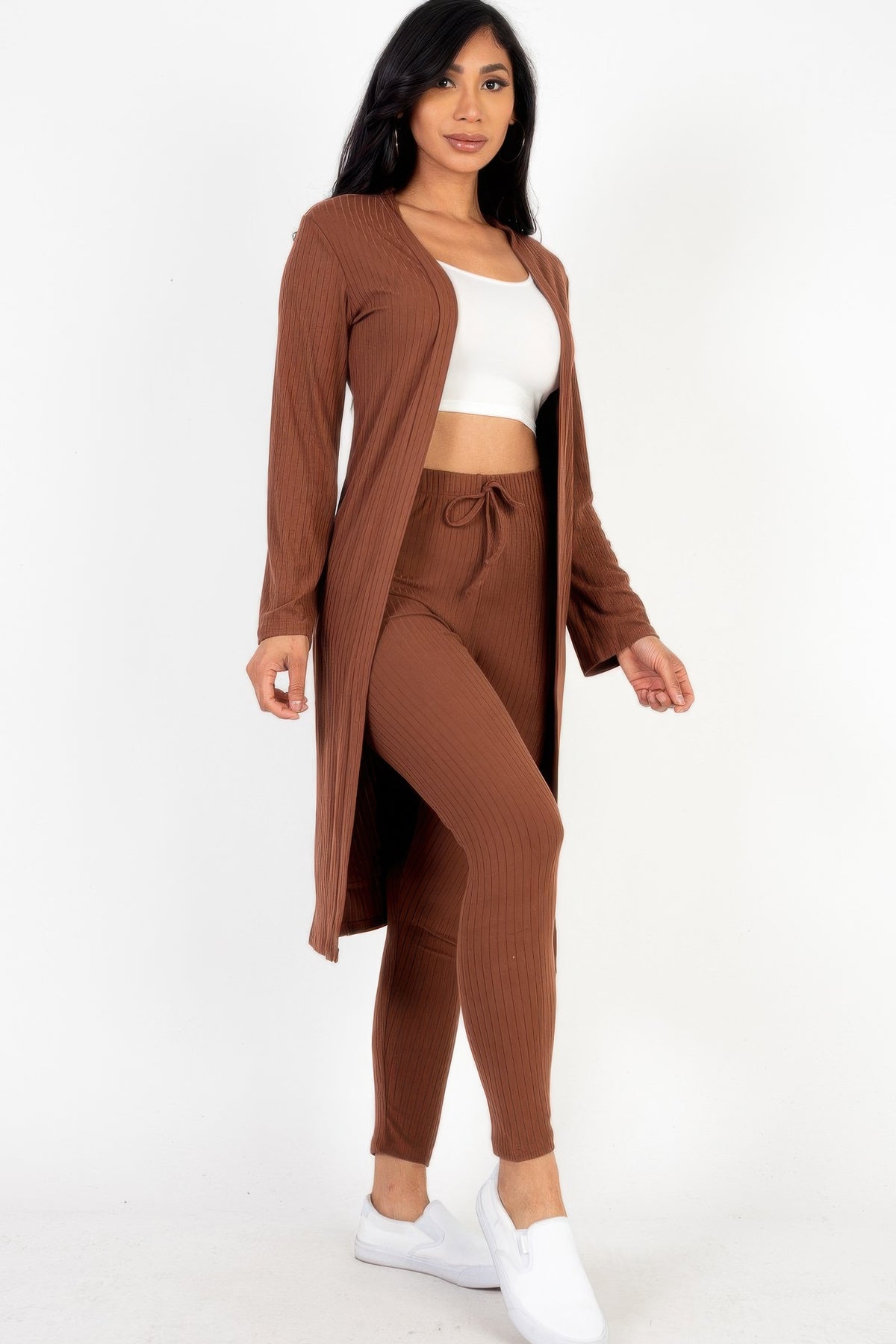 Coffee brown ribbed cardigan side slit and matching leggings detail