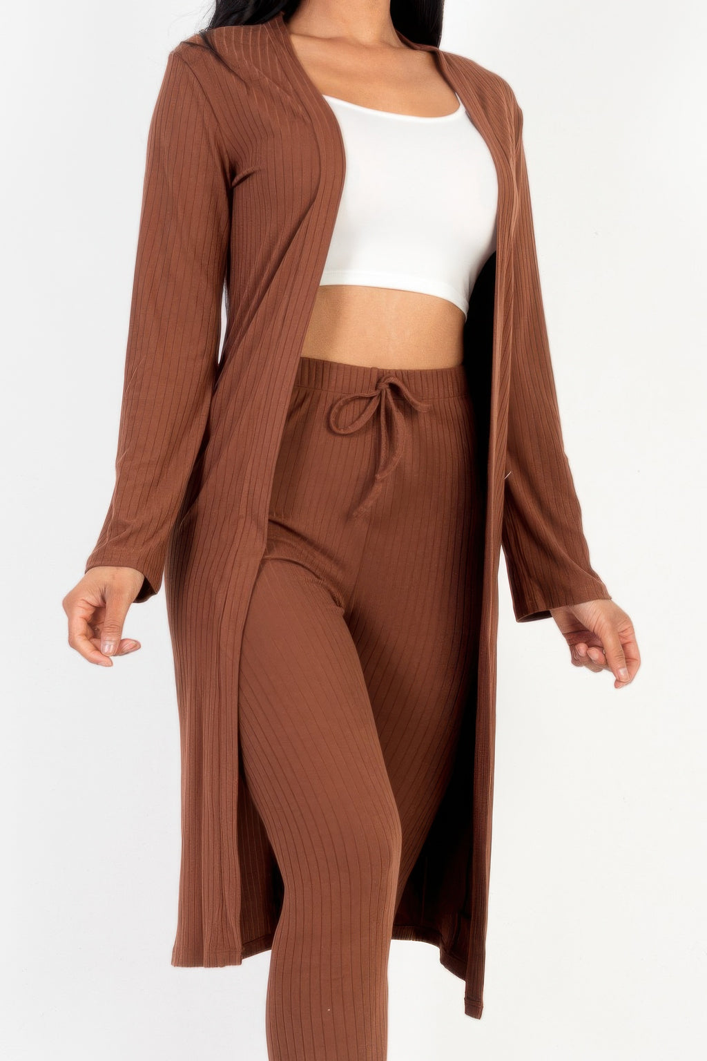 Coffee brown Ribbed Long Cardigan & Leggings Set side view