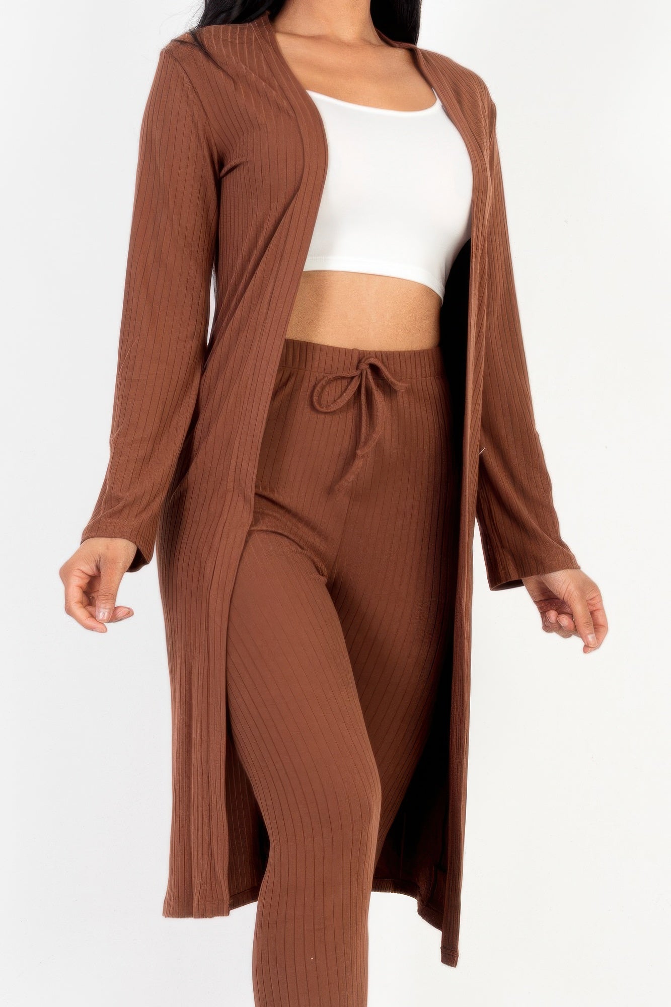 Coffee brown Ribbed Long Cardigan & Leggings Set side view
