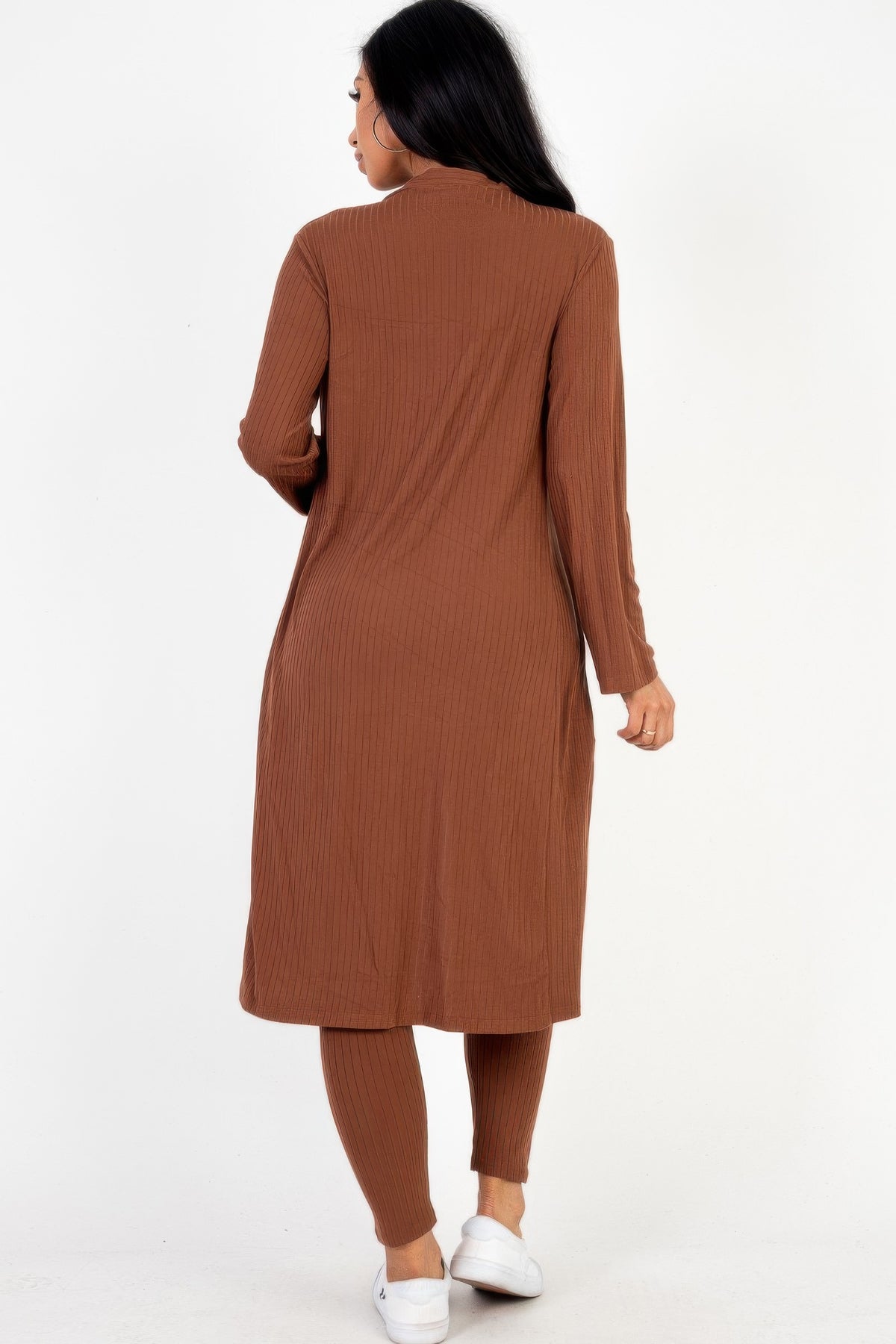 Coffee brown Ribbed Long Cardigan & Leggings Set back view