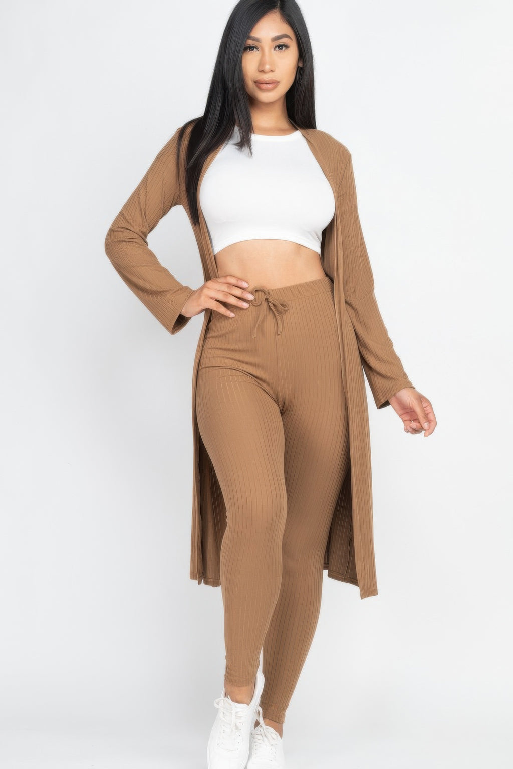 Black Ribbed Long Cardigan & Leggings Set front view