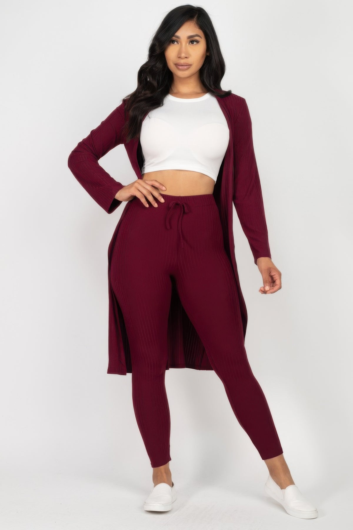 Khaki Ribbed Long Cardigan & Leggings Set front view
