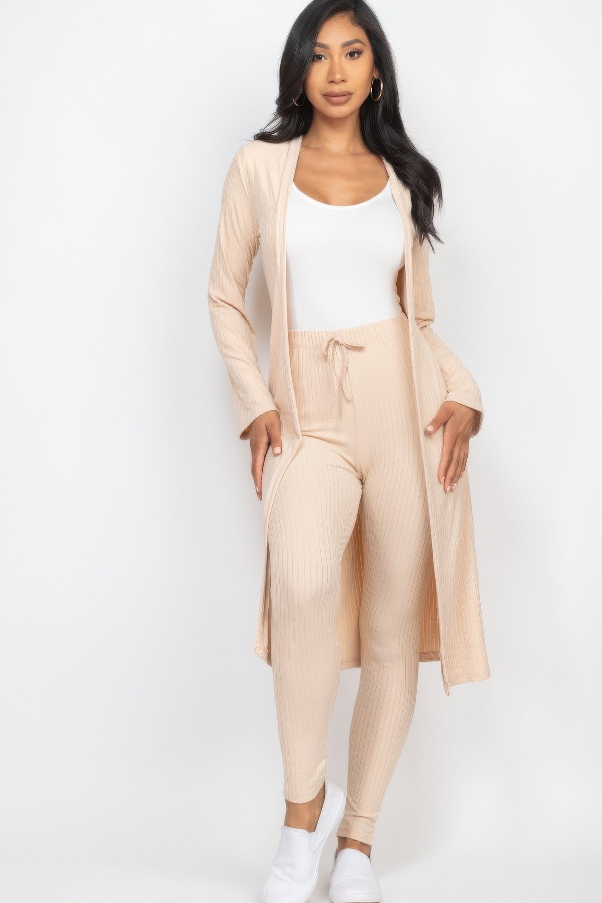 Burgundy Ribbed Long Cardigan & Leggings Set front view