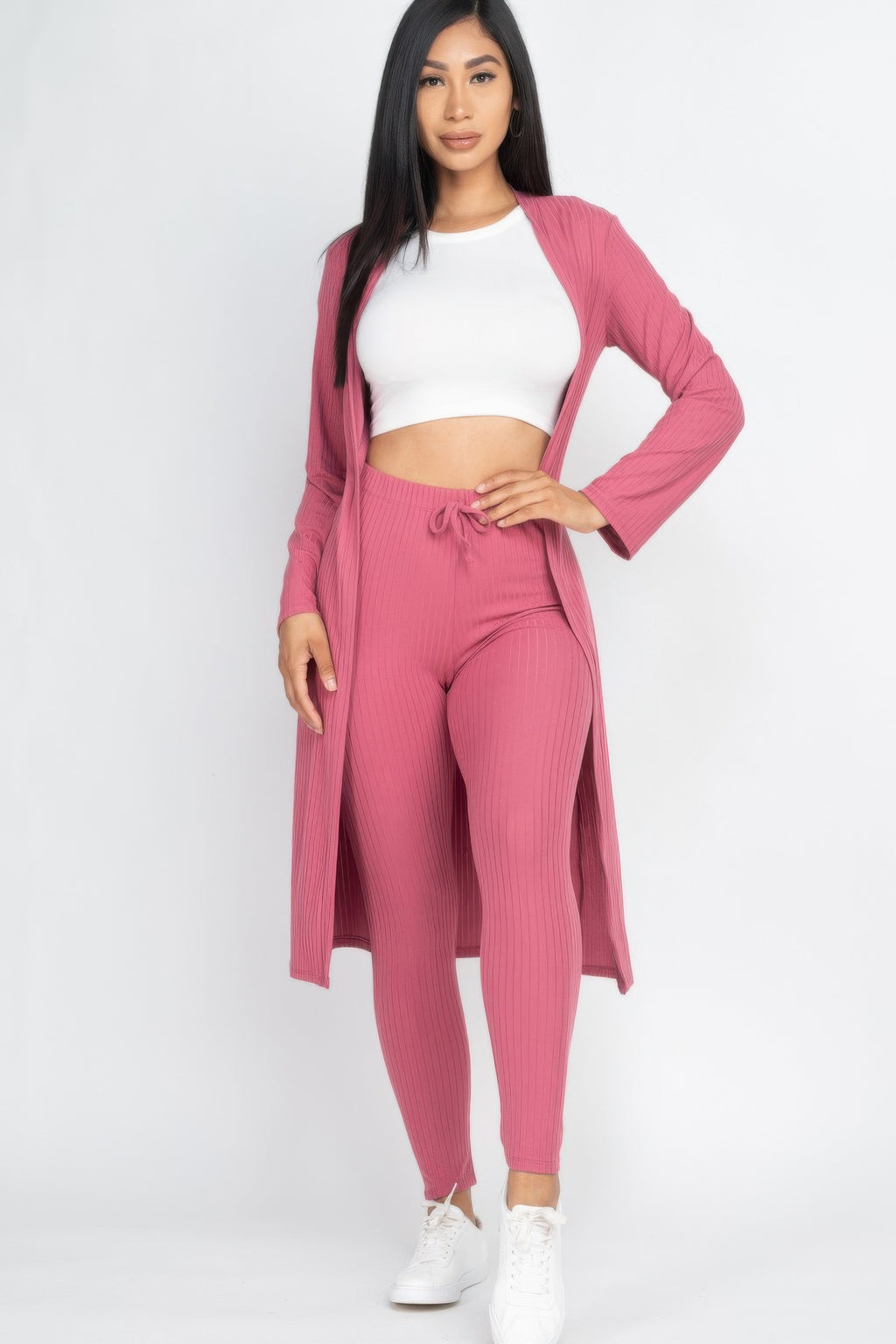 Cream Ribbed Long Cardigan & Leggings Set front view