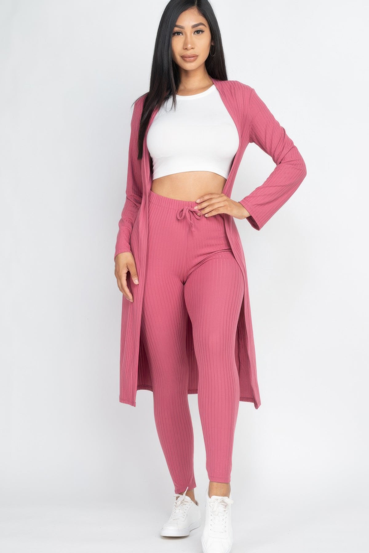 Cream Ribbed Long Cardigan & Leggings Set front view