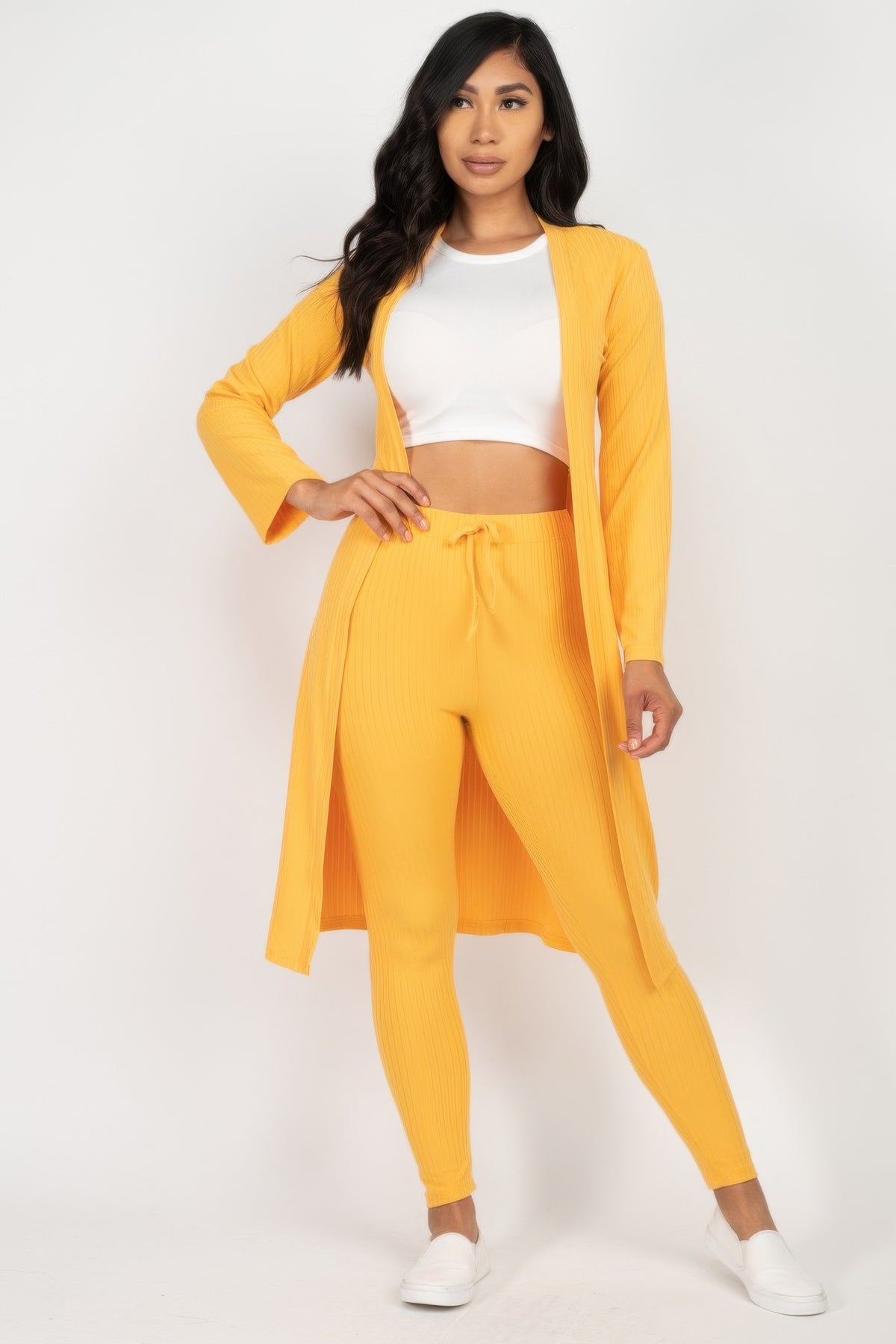 Pink Ribbed Long Cardigan & Leggings Set front view
