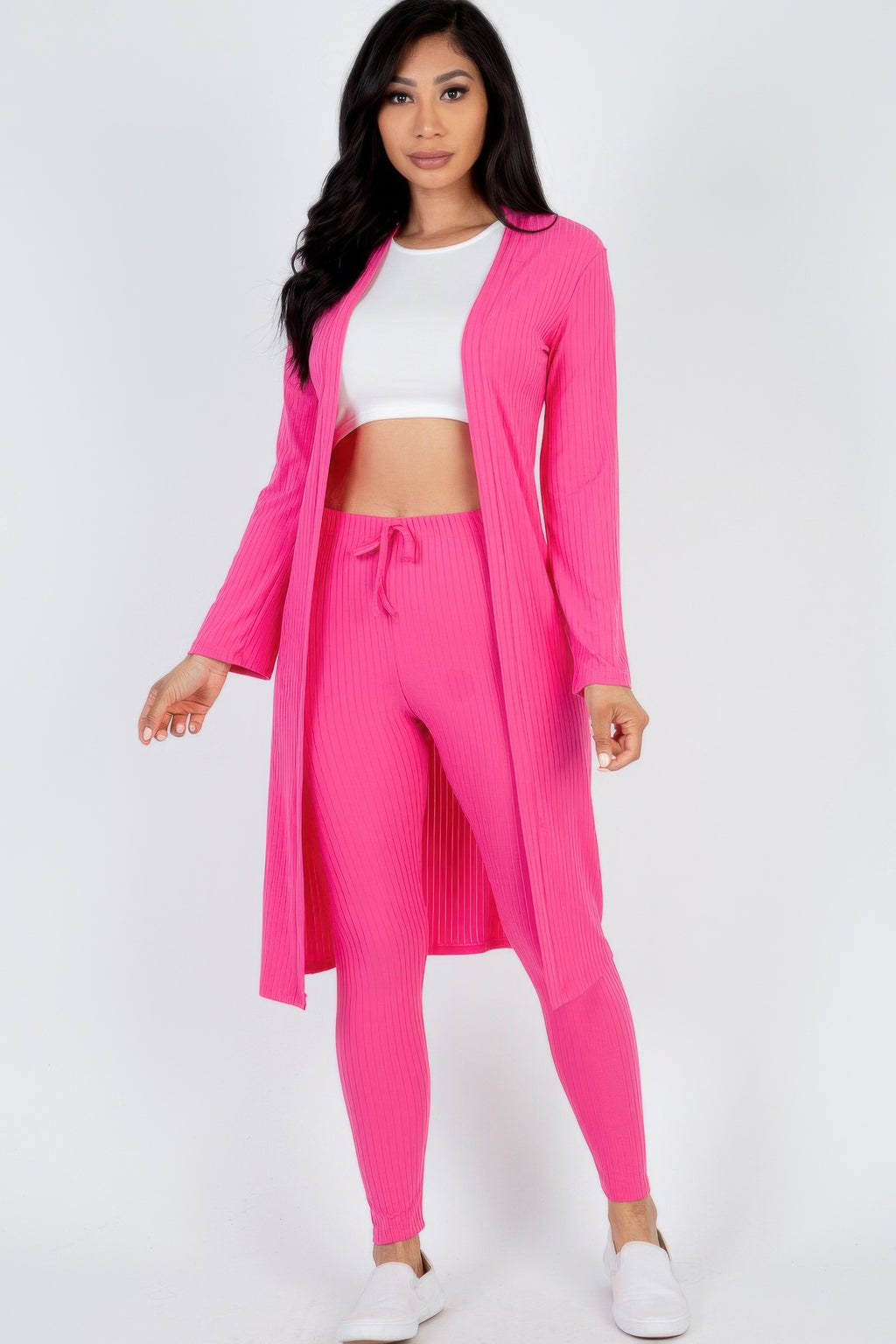 Gold yellow Ribbed Long Cardigan & Leggings Set front view