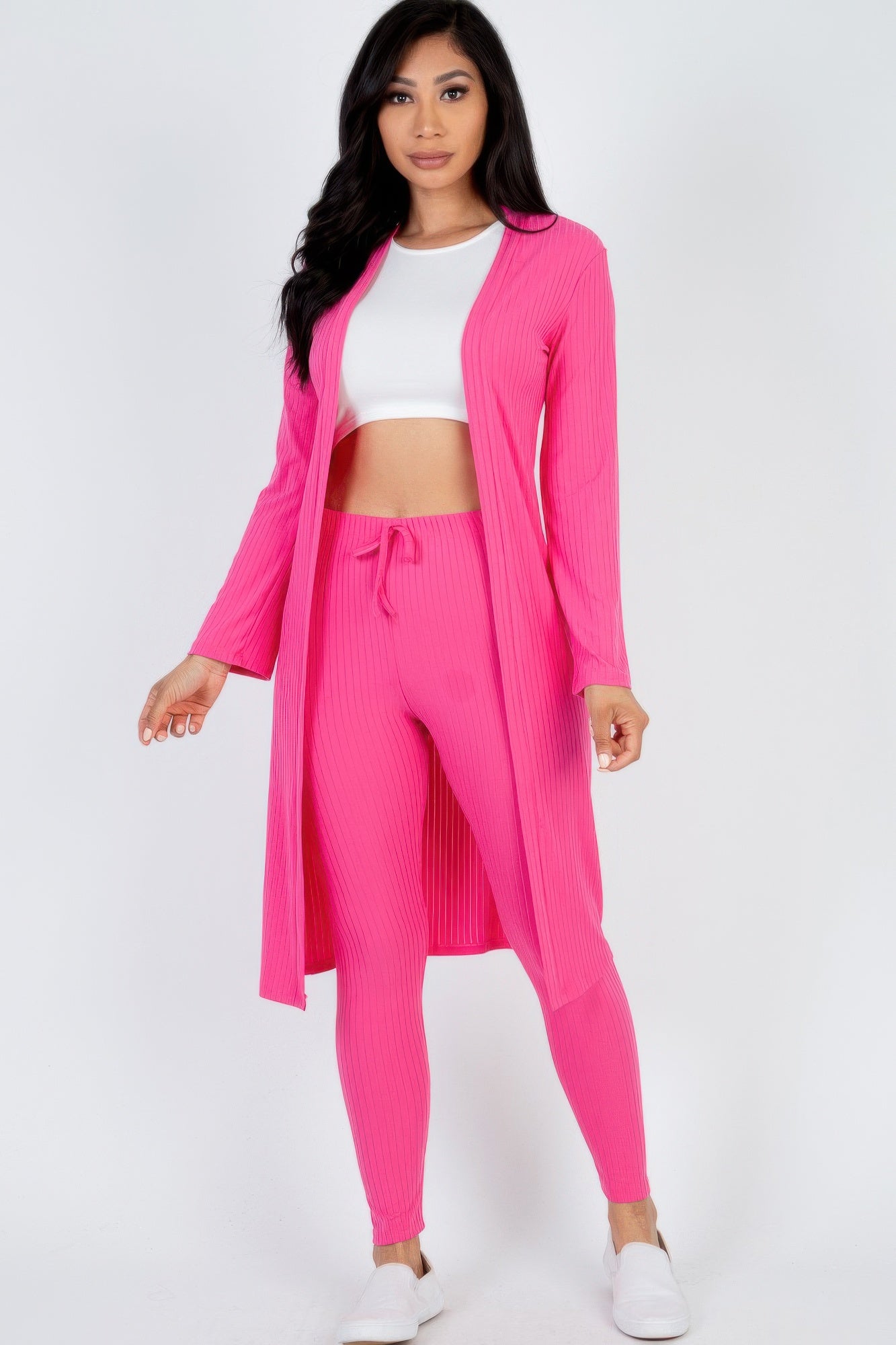 Gold yellow Ribbed Long Cardigan & Leggings Set front view