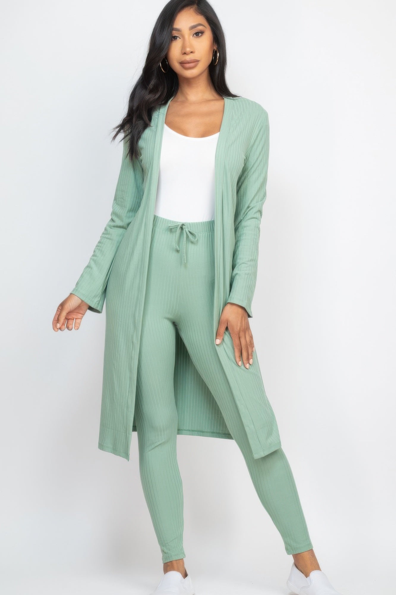 Hot pink Ribbed Long Cardigan & Leggings Set front view