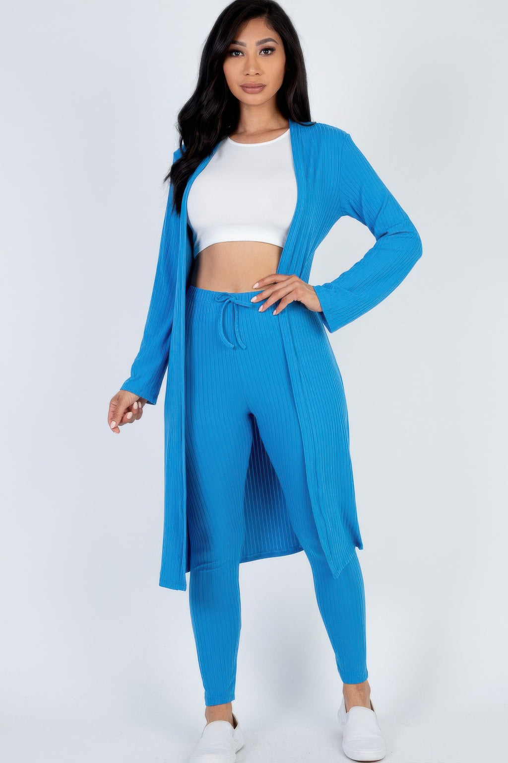 Mint green Ribbed Long Cardigan & Leggings Set front view