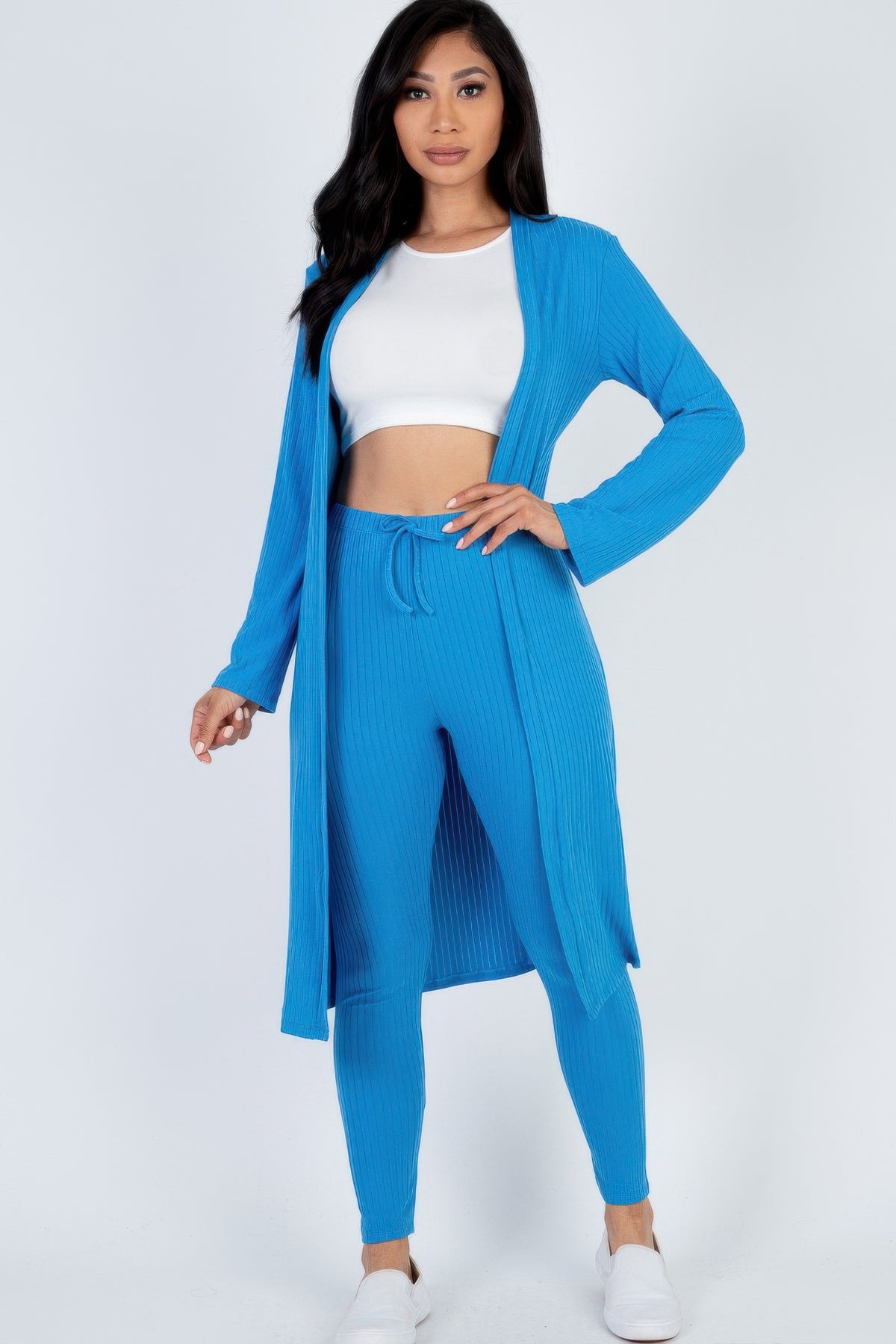 Mint green Ribbed Long Cardigan & Leggings Set front view
