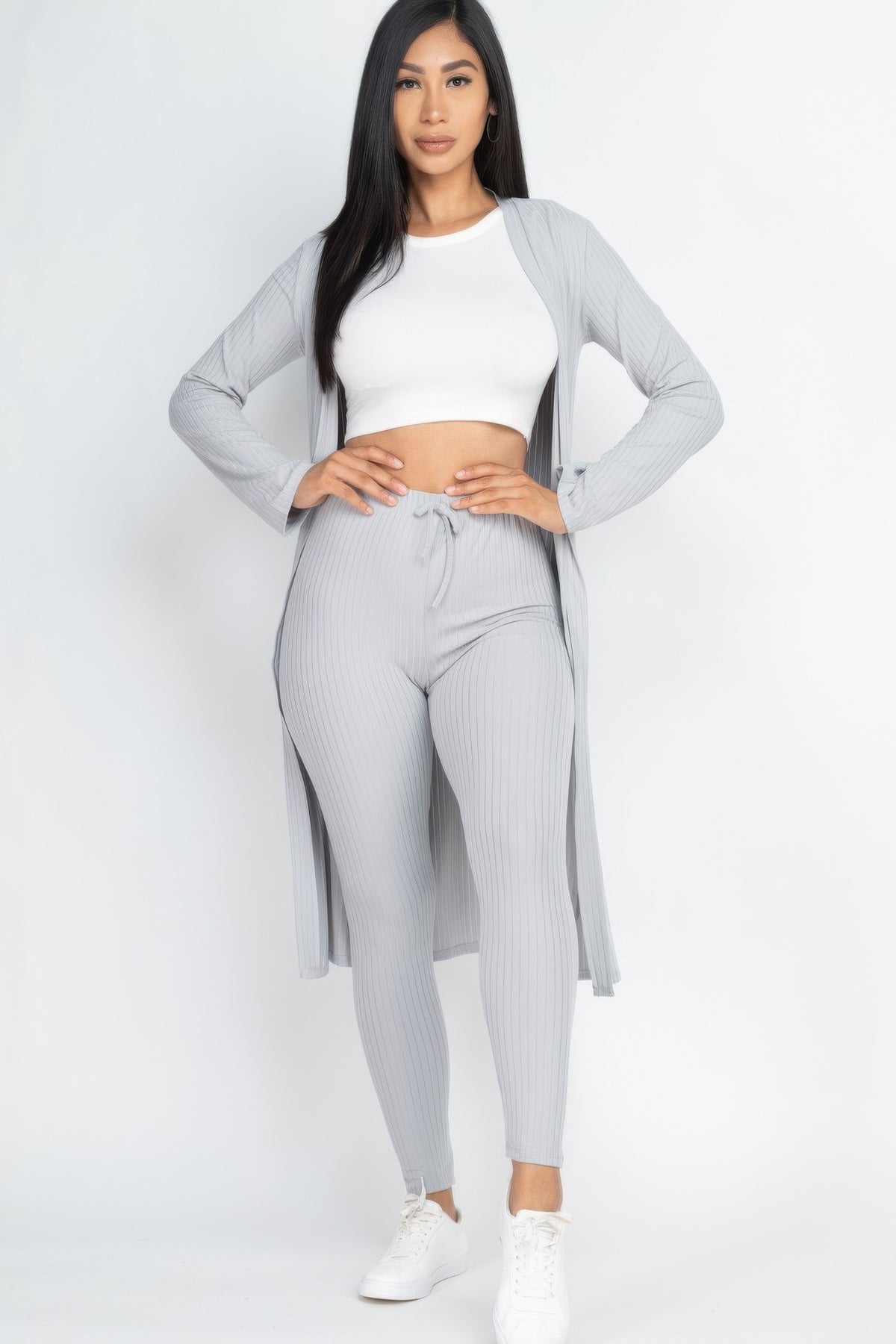Ibiza blue Ribbed Long Cardigan & Leggings Set front view