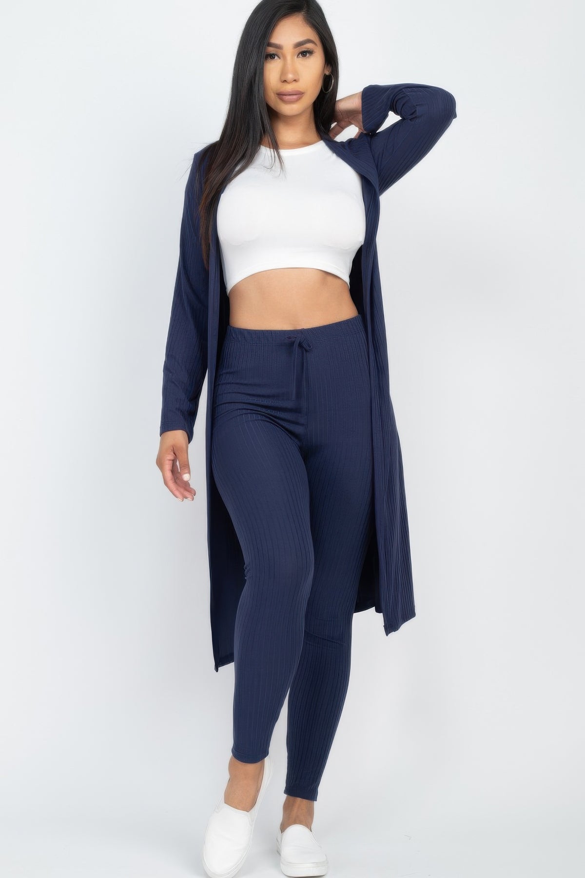 Grey Ribbed Long Cardigan & Leggings Set front view
