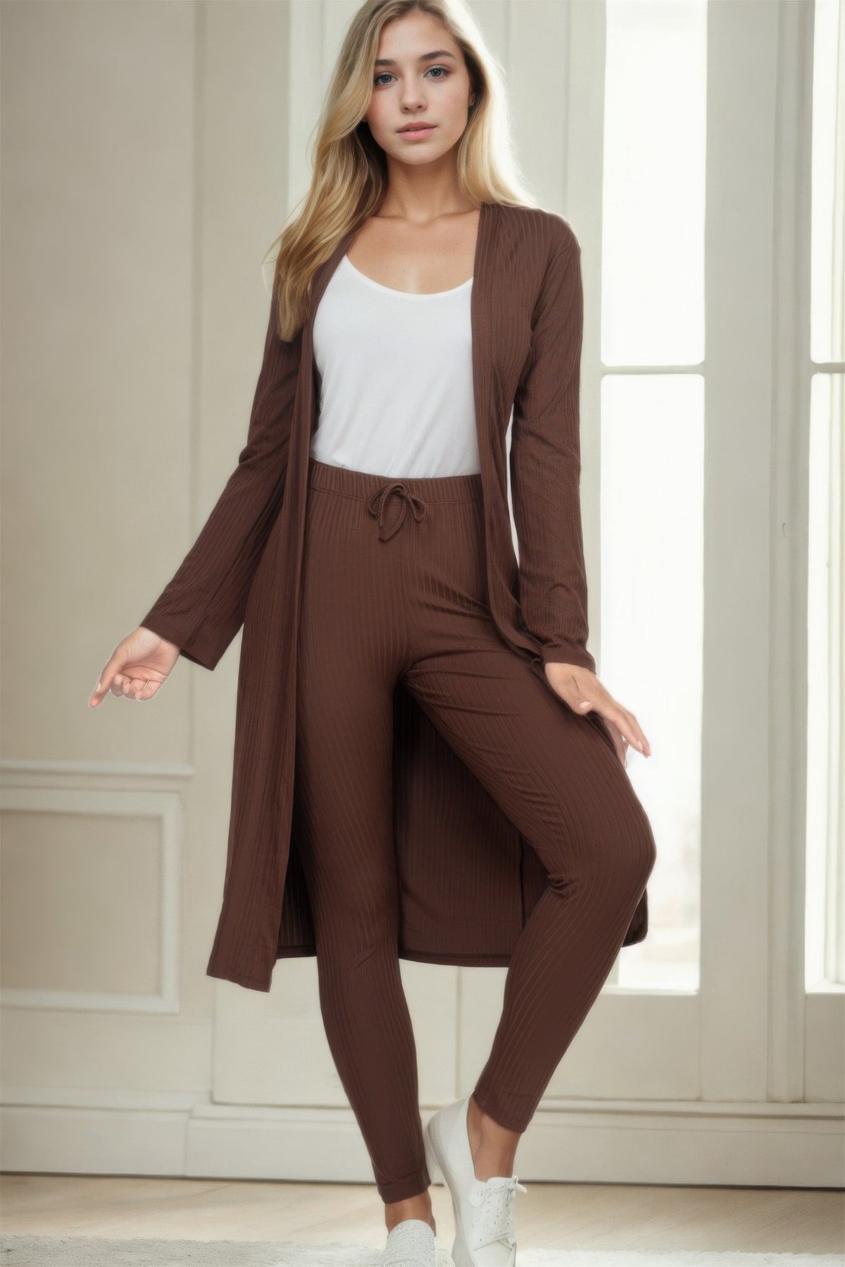 Navy Ribbed Long Cardigan & Leggings Set front view