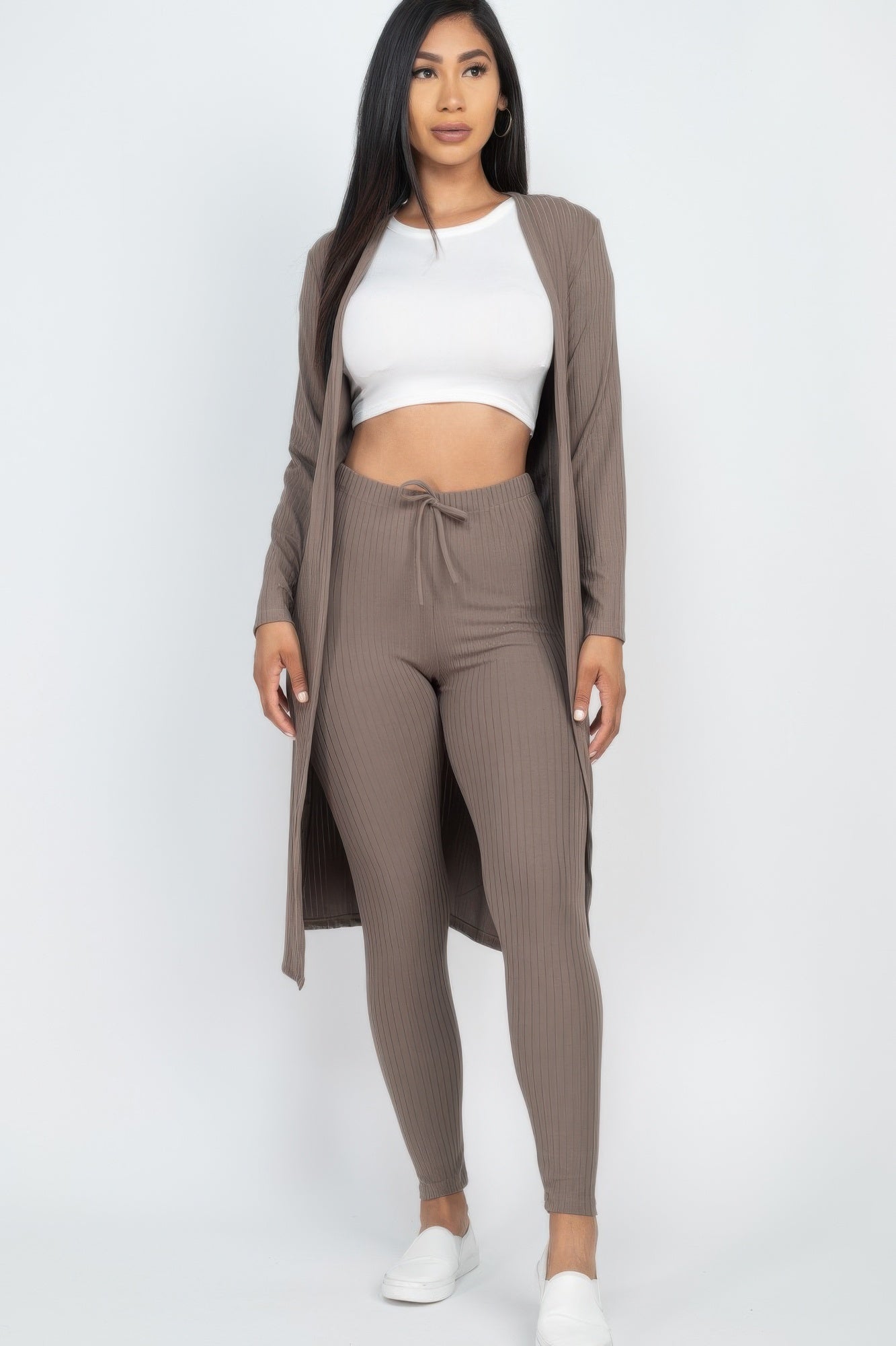 Taupe Ribbed Long Cardigan & Leggings Set front view